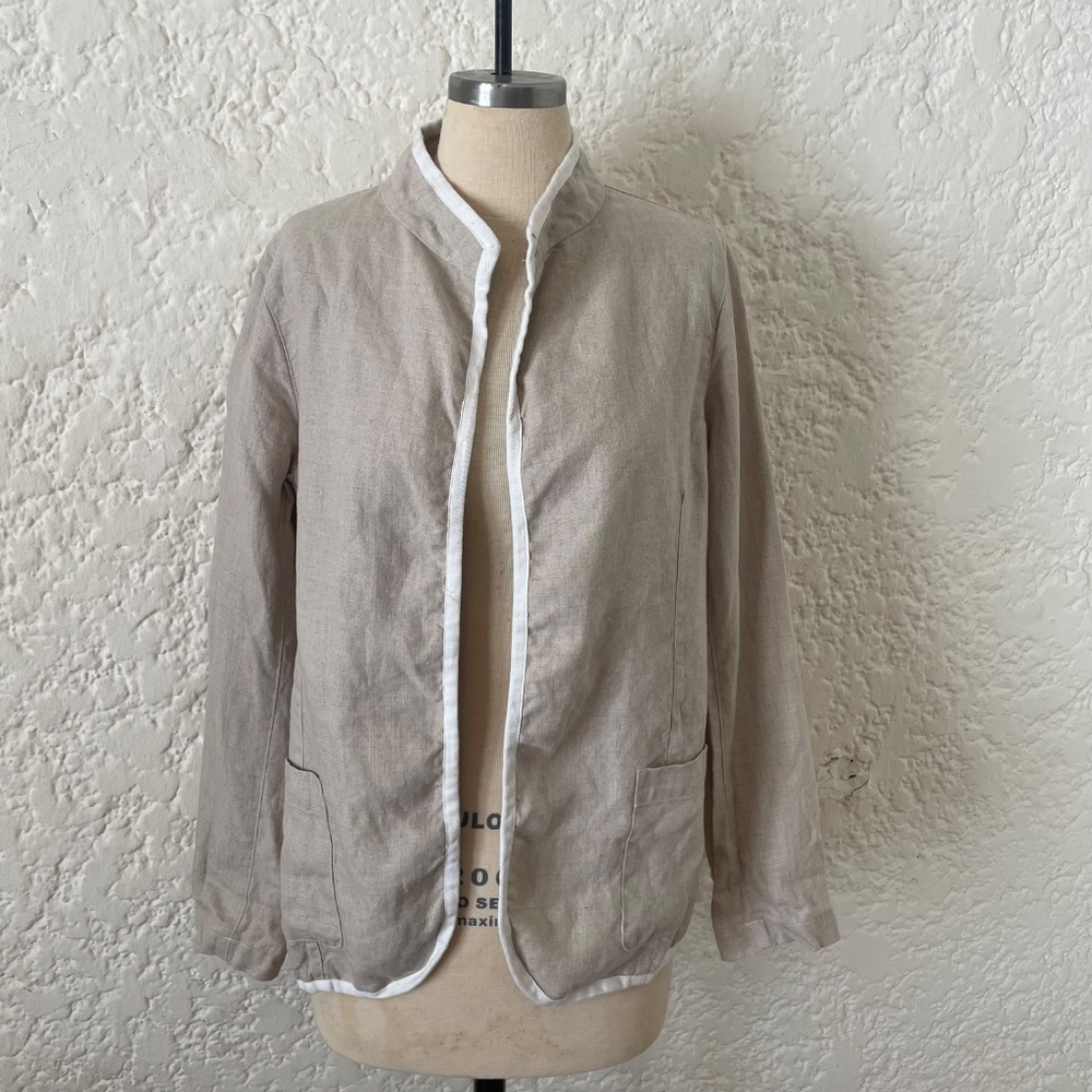 CP Shades 100% Linen Open Blazer Jacket in Tan Oatmeal Women's XS, Lagenlook